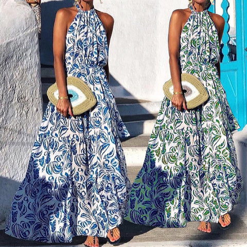 Abito sexy alla moda con scollo all'americana e gonna lunga bohémien