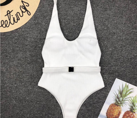 Costume da bagno intero da donna, bikini intero con fibbia per cintura, in tessuto speciale, tinta unita, stile europeo e americano