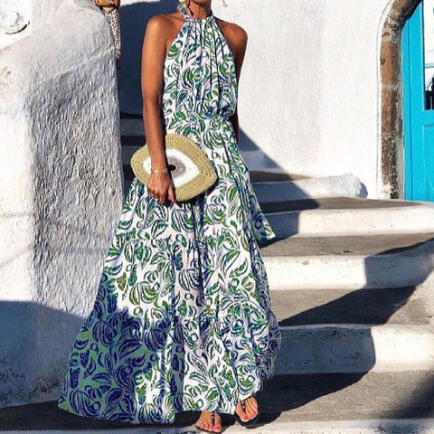 Abito sexy alla moda con scollo all'americana e gonna lunga bohémien