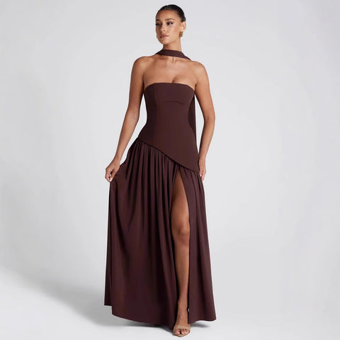 Abito con spacco in tinta unita, sexy e alla moda, con top a tubo senza schienale