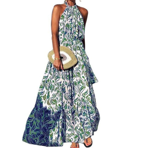 Abito sexy alla moda con scollo all'americana e gonna lunga bohémien