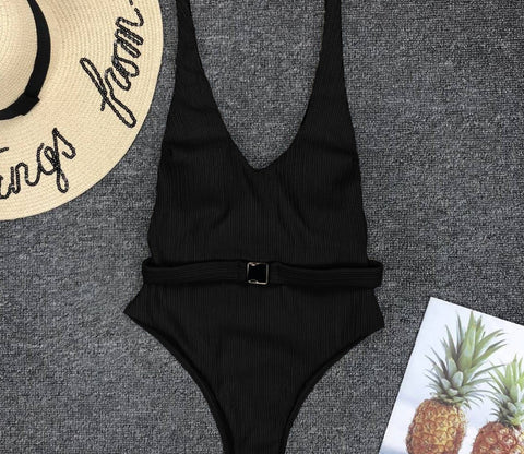 Costume da bagno intero da donna, bikini intero con fibbia per cintura, in tessuto speciale, tinta unita, stile europeo e americano