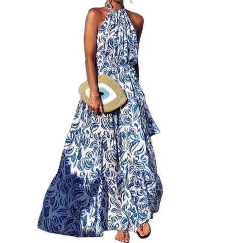 Abito sexy alla moda con scollo all'americana e gonna lunga bohémien