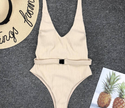 Costume da bagno intero da donna, bikini intero con fibbia per cintura, in tessuto speciale, tinta unita, stile europeo e americano