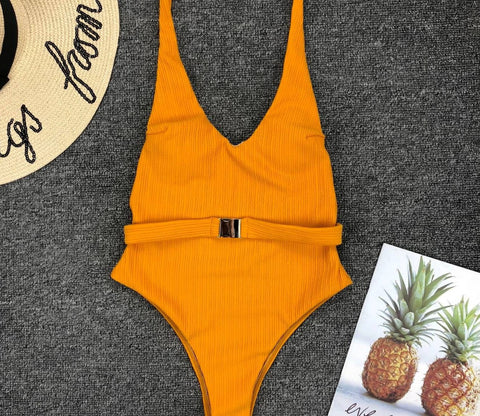 Costume da bagno intero da donna, bikini intero con fibbia per cintura, in tessuto speciale, tinta unita, stile europeo e americano