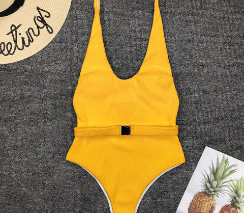 Costume da bagno intero da donna, bikini intero con fibbia per cintura, in tessuto speciale, tinta unita, stile europeo e americano